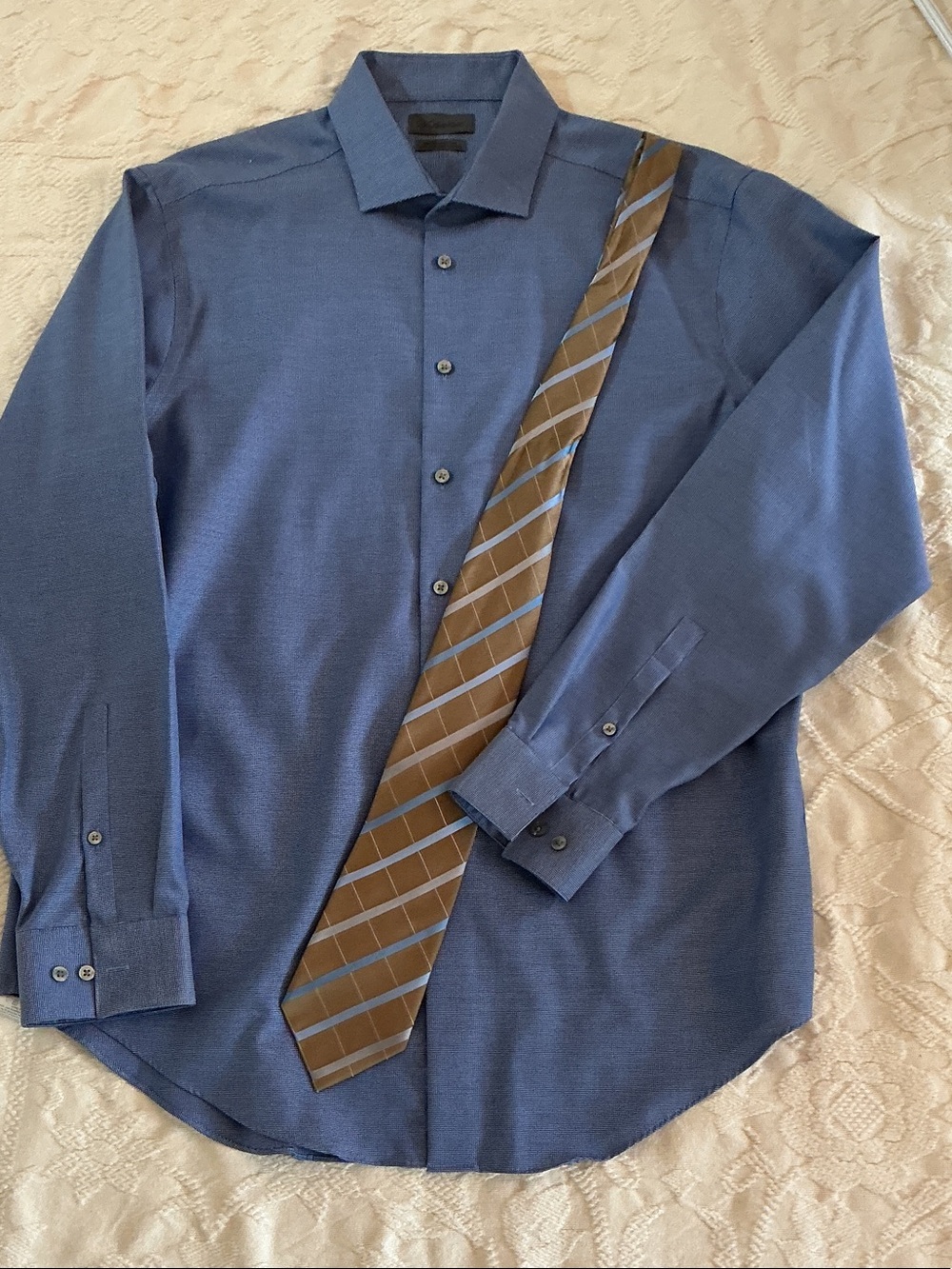 Calvin Klein Navy Blue and white micro check Long-Sleeve Dress Shirt